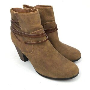 Big Buddha Chelsea Ankle Boots Size 11 Strappy Bootie Tan Heel Faux Suede Zip